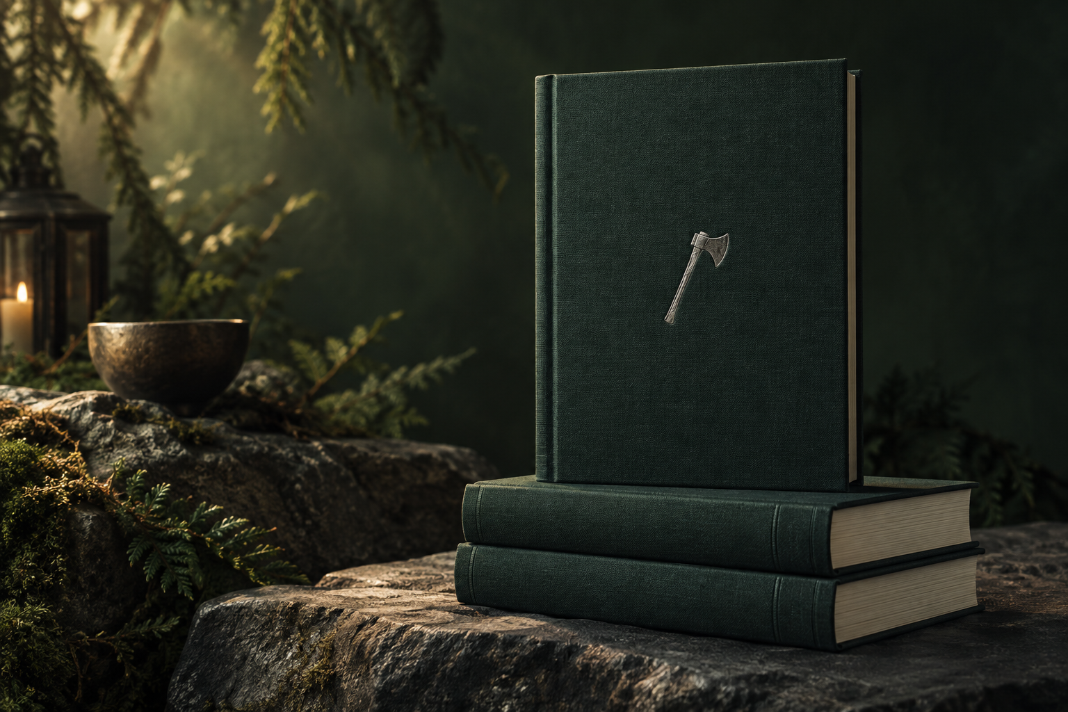 Green clothbound books with a silver axe emblem in warm, atmospheric light